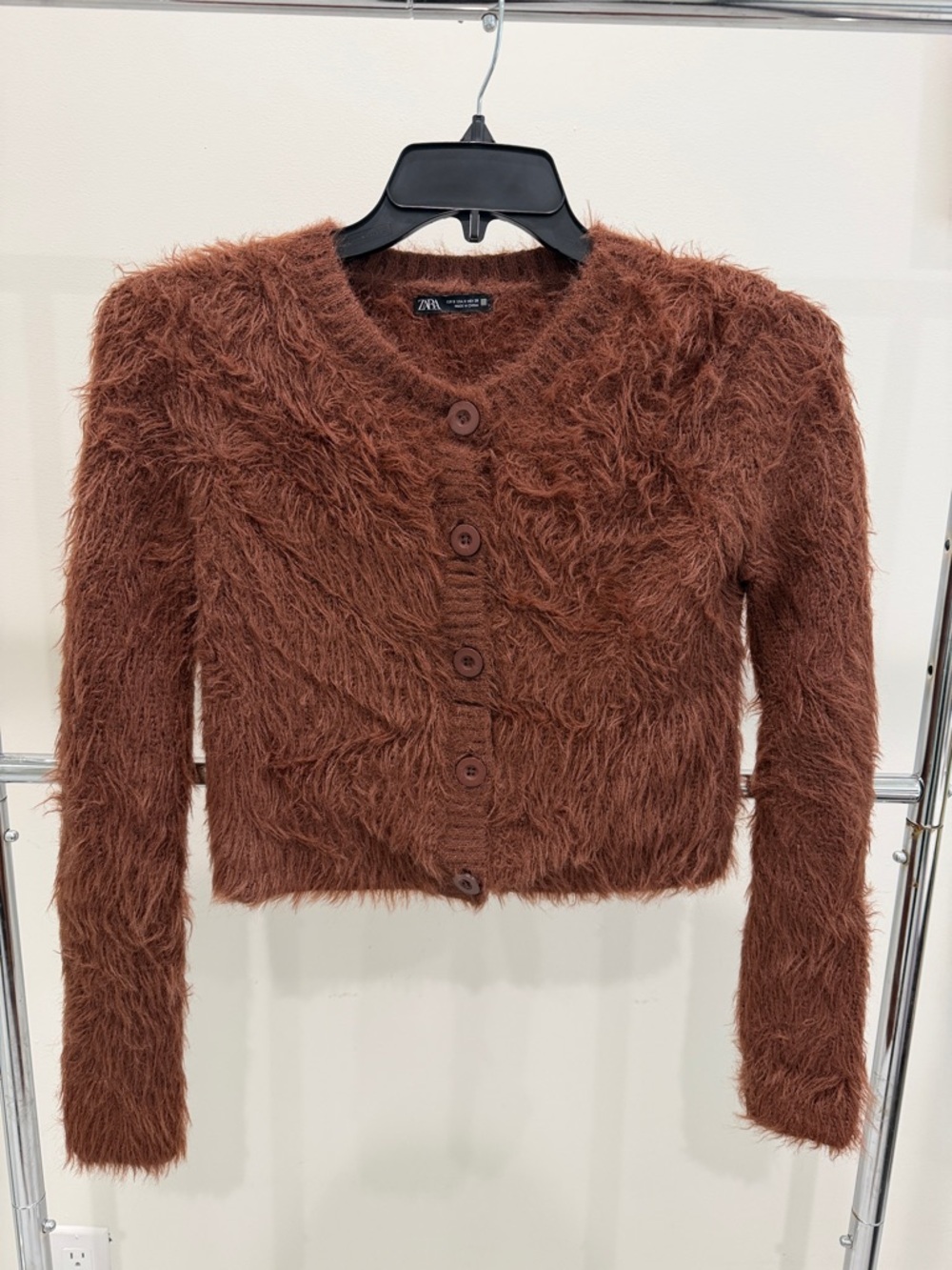 Zara Brown Fuzzy Button-Front Crop Jacket